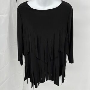 Ali Miles Womens Asymmetrical Chunky Fringe Top Size S Black Layered Stretch